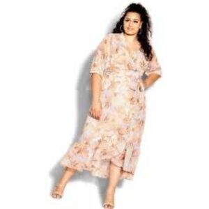 CITY CHIC Plus Size Painterly Floral Ruffle Trim Wrap Maxi Dress size 2X